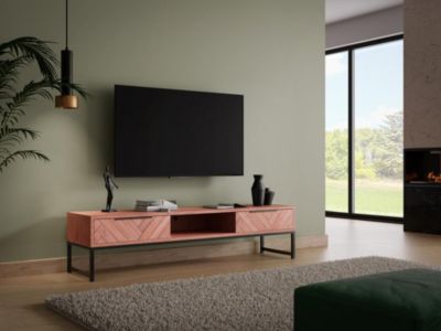 Meuble TV 2 tiroirs et 1 niche en bois d'acacia et métal - Naturel foncé et Noir - VEDILA