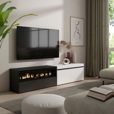 Meuble TV 200x35x45cm feu led sans chaleur couleur blanc et noir