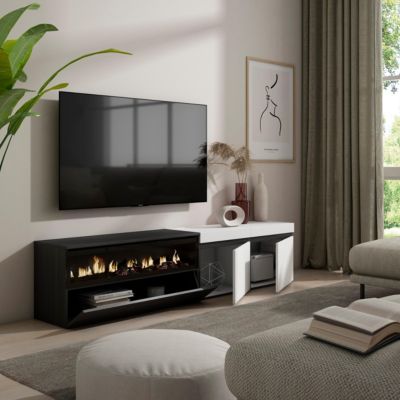 Meuble TV 200x35x45cm feu led sans chaleur couleur blanc et noir