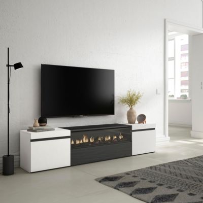 Meuble TV 200x35x45cm feu led sans chaleur couleur blanc et noir