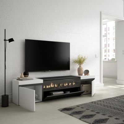 Meuble TV 200x35x45cm feu led sans chaleur couleur blanc et noir
