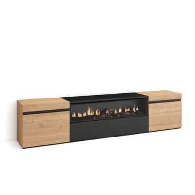 Meuble TV 200x35x45cm feu led sans chaleur couleur chêne et noir