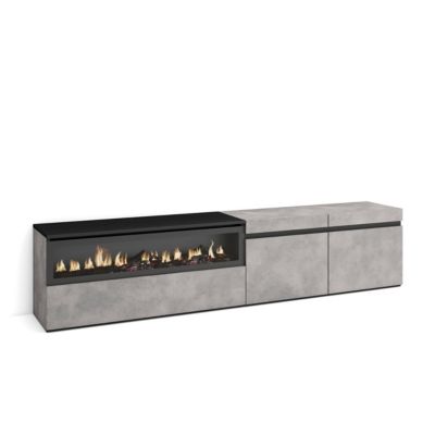 Meuble TV 200x35x45cm feu led sans chaleur couleur gris ciment