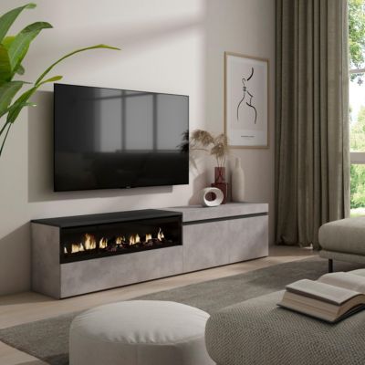 Meuble TV 200x35x45cm feu led sans chaleur couleur gris ciment