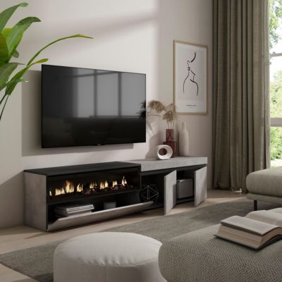 Meuble TV 200x35x45cm feu led sans chaleur couleur gris ciment