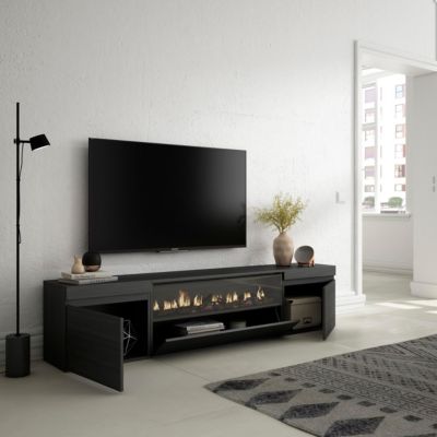 Meuble TV 200x35x45cm feu led sans chaleur couleur noir