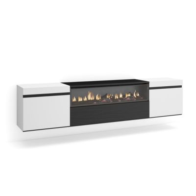 Meuble TV 200x35x45cm feu led sans chaleur mural couleur blanc et noir