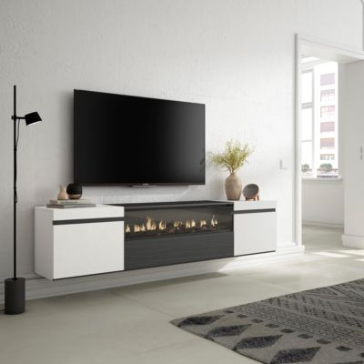 Meuble TV 200x35x45cm feu led sans chaleur mural couleur blanc et noir