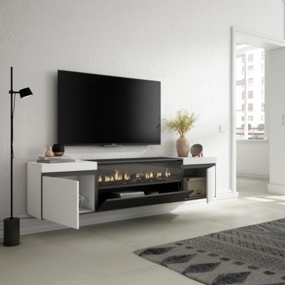 Meuble TV 200x35x45cm feu led sans chaleur mural couleur blanc et noir