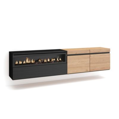 Meuble TV 200x35x45cm feu led sans chaleur mural couleur chêne et noir