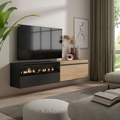 Meuble TV 200x35x45cm feu led sans chaleur mural couleur chêne et noir