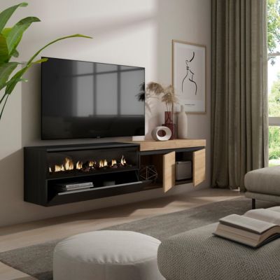 Meuble TV 200x35x45cm feu led sans chaleur mural couleur chêne et noir