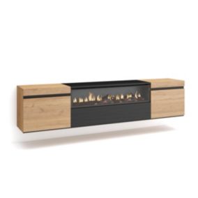 Meuble TV 200x35x45cm feu led sans chaleur mural couleur chêne et noir