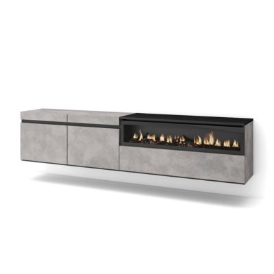 Meuble TV 200x35x45cm feu led sans chaleur mural couleur gris ciment