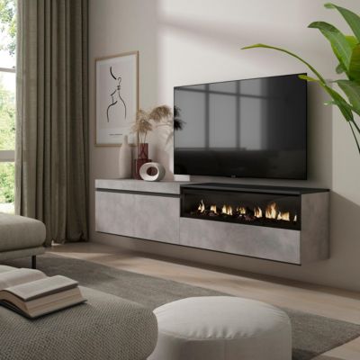 Meuble TV 200x35x45cm feu led sans chaleur mural couleur gris ciment