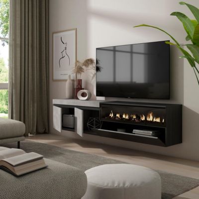 Meuble TV 200x35x45cm feu led sans chaleur mural couleur gris ciment