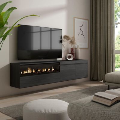 Meuble TV 200x35x45cm feu led sans chaleur mural couleur noir