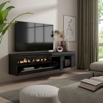 Meuble TV 200x35x45cm feu led sans chaleur mural couleur noir