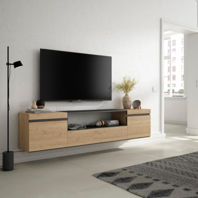 Meuble tv, 200x35x45cm, pour tv jusqu'à 80', suspendu,  chêne et noir