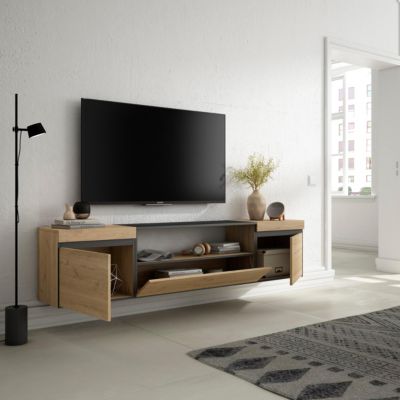 Meuble tv, 200x35x45cm, pour tv jusqu'à 80', suspendu,  chêne et noir