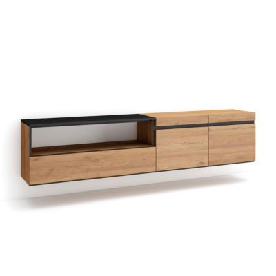 Meuble TV 200x35x45cm suspendu couleur chêne et noir