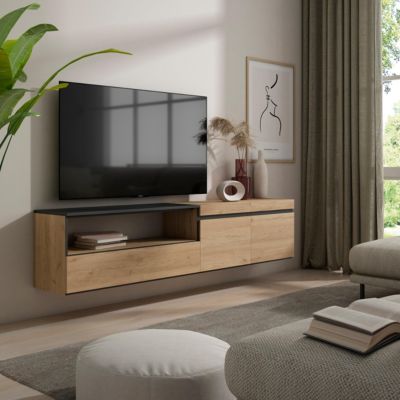 Meuble TV 200x35x45cm suspendu couleur chêne et noir