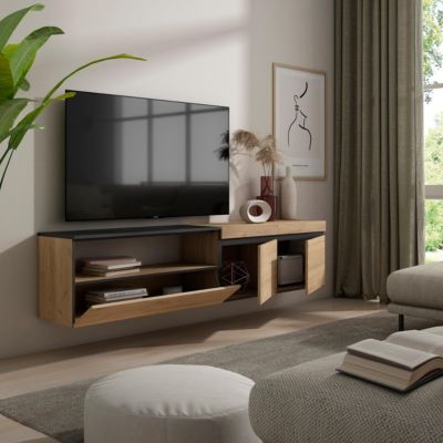 Meuble TV 200x35x45cm suspendu couleur chêne et noir
