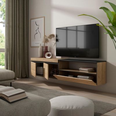 Meuble TV 200x35x45cm suspendu couleur chêne et noir