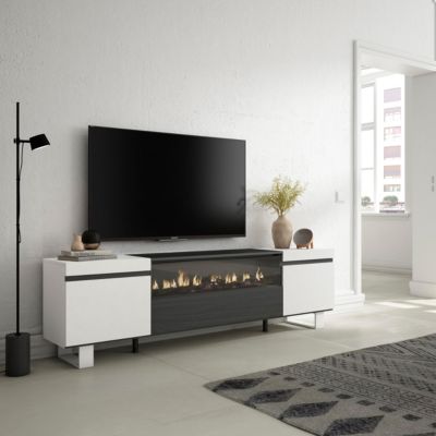 Meuble TV 200x35x57cm feu led sans chaleur couleur blanc et noir