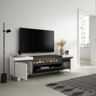 Meuble TV 200x35x57cm feu led sans chaleur couleur blanc et noir