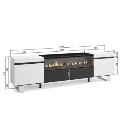 Meuble TV 200x35x57cm feu led sans chaleur couleur blanc et noir