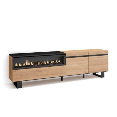 Meuble TV 200x35x57cm feu led sans chaleur couleur chêne et noir