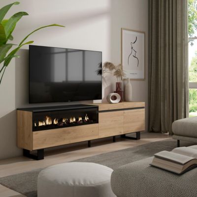 Meuble TV 200x35x57cm feu led sans chaleur couleur chêne et noir