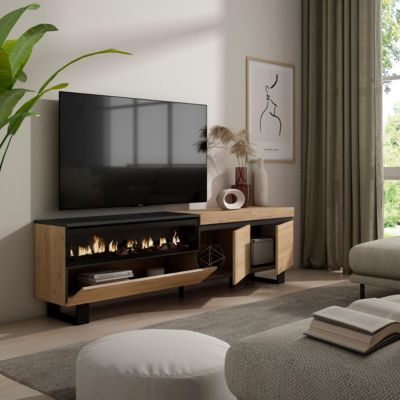 Meuble TV 200x35x57cm feu led sans chaleur couleur chêne et noir