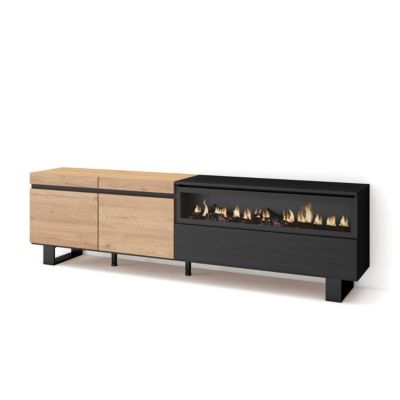 Meuble TV 200x35x57cm feu led sans chaleur couleur chêne et noir