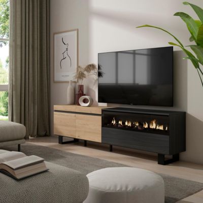Meuble TV 200x35x57cm feu led sans chaleur couleur chêne et noir
