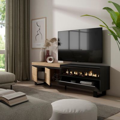 Meuble TV 200x35x57cm feu led sans chaleur couleur chêne et noir