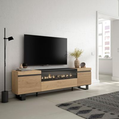 Meuble TV 200x35x57cm feu led sans chaleur couleur chêne