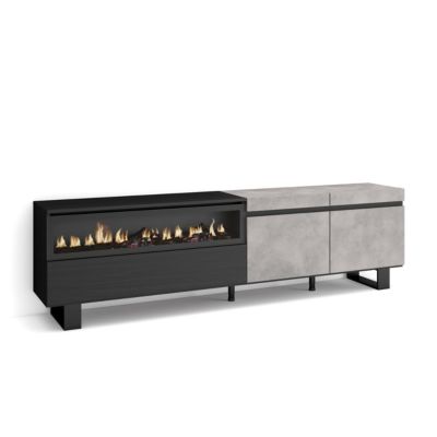 Meuble TV 200x35x57cm feu led sans chaleur couleur gris ciment