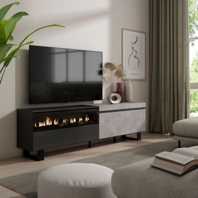 Meuble TV 200x35x57cm feu led sans chaleur couleur gris ciment