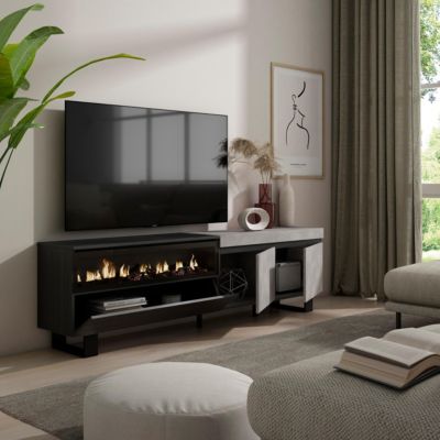 Meuble TV 200x35x57cm feu led sans chaleur couleur gris ciment