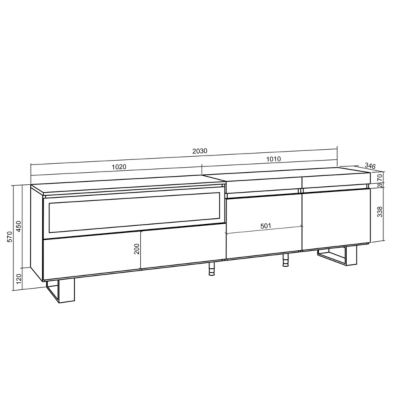 Meuble TV 200x35x57cm feu led sans chaleur couleur gris ciment