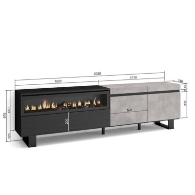 Meuble TV 200x35x57cm feu led sans chaleur couleur gris ciment
