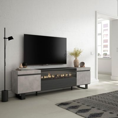 Meuble TV 200x35x57cm feu led sans chaleur couleur gris ciment