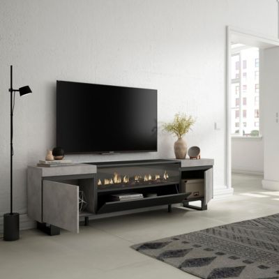 Meuble TV 200x35x57cm feu led sans chaleur couleur gris ciment
