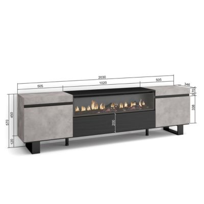Meuble TV 200x35x57cm feu led sans chaleur couleur gris ciment