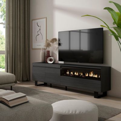 Meuble TV 200x35x57cm feu led sans chaleur couleur noir