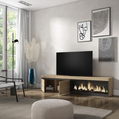 Meuble TV 210x35x45cm feu led sans chaleur XXL couleur chêne