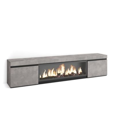 Meuble TV 210x35x45cm feu led sans chaleur XXL couleur gris ciment