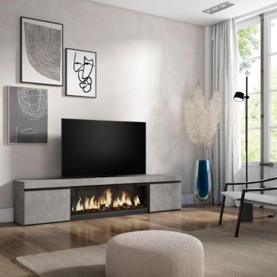 Meuble TV 210x35x45cm feu led sans chaleur XXL couleur gris ciment